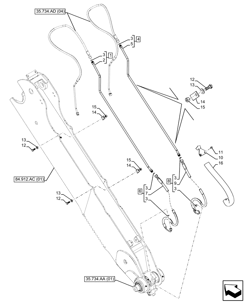 Схема запчастей Case 580SN WT - (35.734.AD[06]) - QUICK COUPLER, VALVE, HYDRAULIC LINE, EXTENDABLE DIPPER (35) - HYDRAULIC SYSTEMS