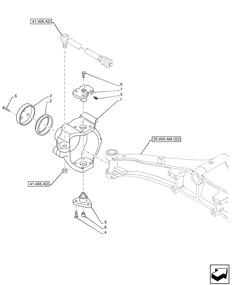 Схема запчастей Case 580SN - (25.400.AQ[02]) - FRONT AXLE, STEERING KNUCKLE, 2WD (25) - FRONT AXLE SYSTEM