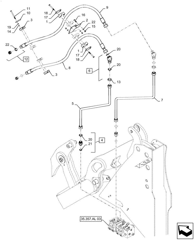 Схема запчастей Case 621F - (35.701.AD[05]) - THIRD SPOOL AUXILIARY LINE INSTALLATION, XT LOADER (35) - HYDRAULIC SYSTEMS