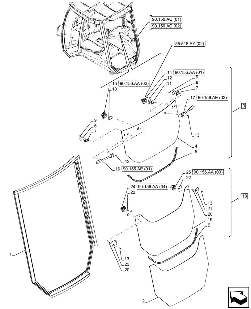 Схема запчастей Case 580SN - (90.156.AB) - VAR - 747853, 747854, 747855 - CAB, NARROW, REAR WINDOW, GLASS (90) - PLATFORM, CAB, BODYWORK AND DECALS