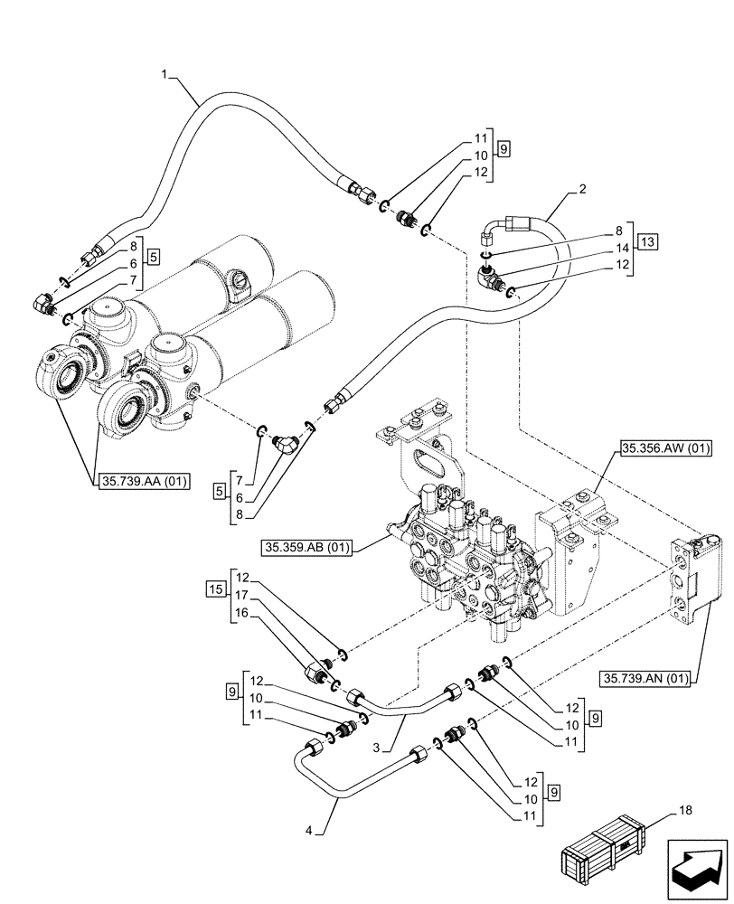 Схема запчастей Case 580N EP - (35.739.AE[02]) - VAR - 745166 - BOOM SWING, MECHANICAL CONTROLS, DAMPING VALVE, LINE (35) - HYDRAULIC SYSTEMS