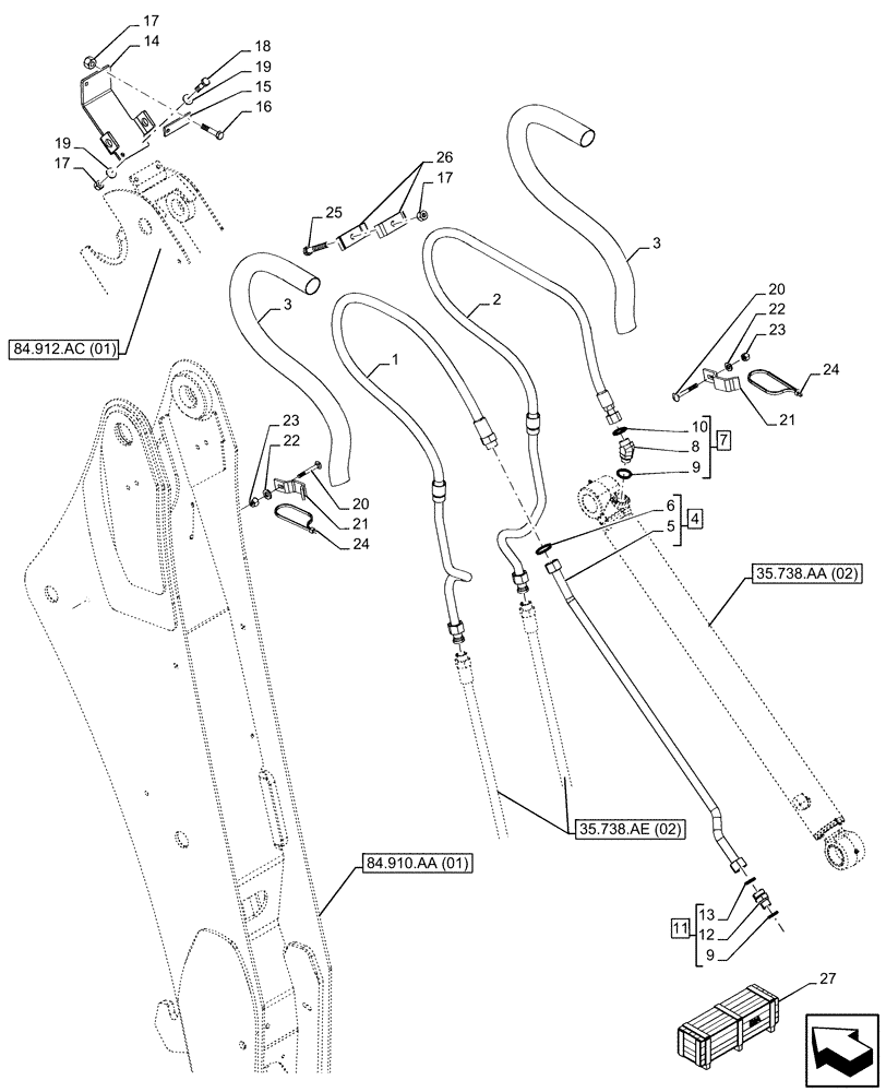 Схема запчастей Case 590SN - (35.738.AE[03]) - VAR - 423076 - BACKHOE BUCKET, EXTENDABLE DIPPER, CYLINDER LINES (35) - HYDRAULIC SYSTEMS