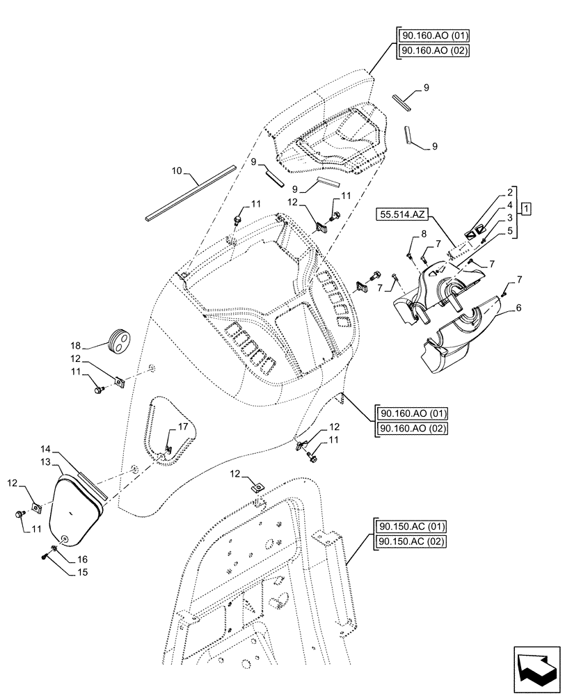 Схема запчастей Case 590SN - (90.160.CD) - FRONT CONSOLE, STEERING COLUMN, COVER (90) - PLATFORM, CAB, BODYWORK AND DECALS