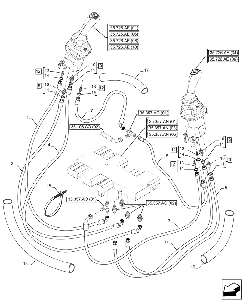 Схема запчастей Case 590SN - (35.357.AK[02]) - VAR - 423078, 747669 - PILOT CONTROLS, JOYSTICK, LINE (35) - HYDRAULIC SYSTEMS