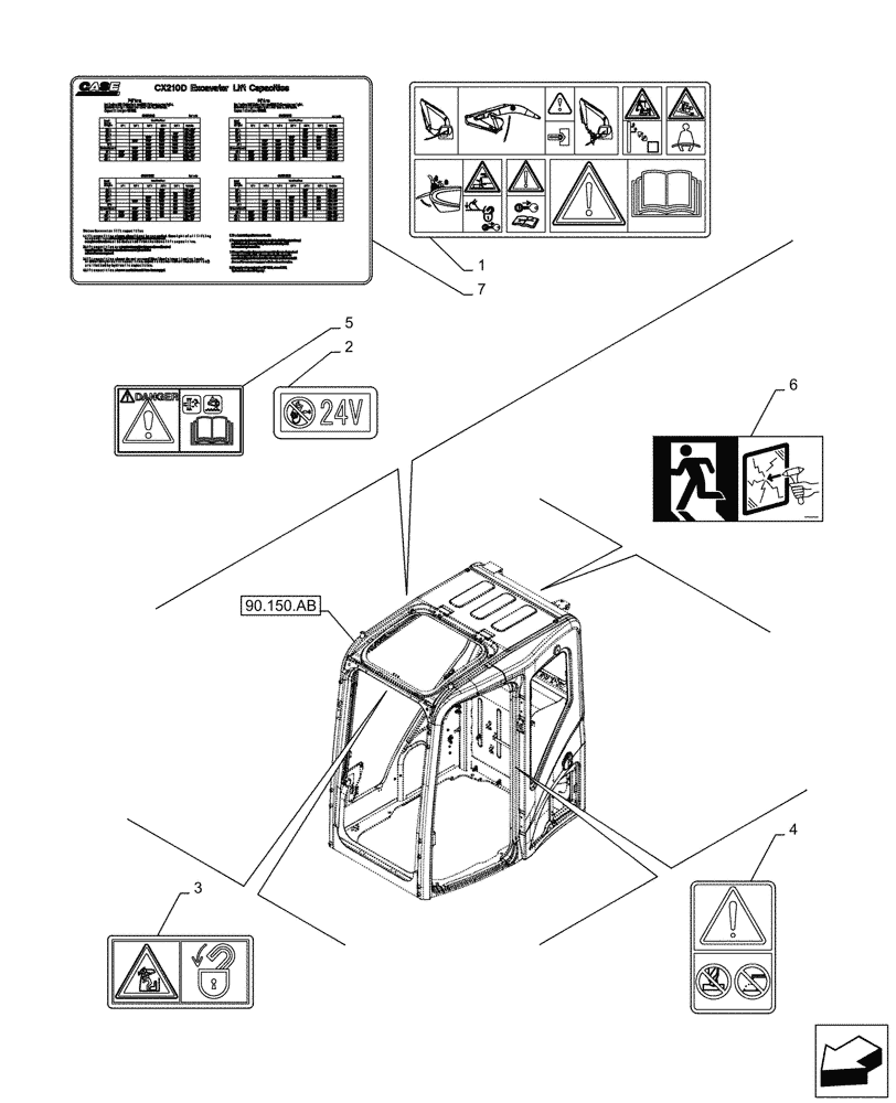 Схема запчастей Case CX210D LC - (90.108.AC[02]) - WARNING DECAL (90) - PLATFORM, CAB, BODYWORK AND DECALS