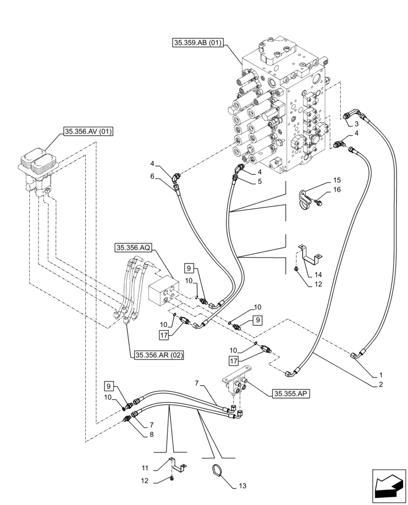 Схема запчастей Case CX300D LC - (35.356.AR[04]) - PEDAL, DRAIN LINE (35) - HYDRAULIC SYSTEMS