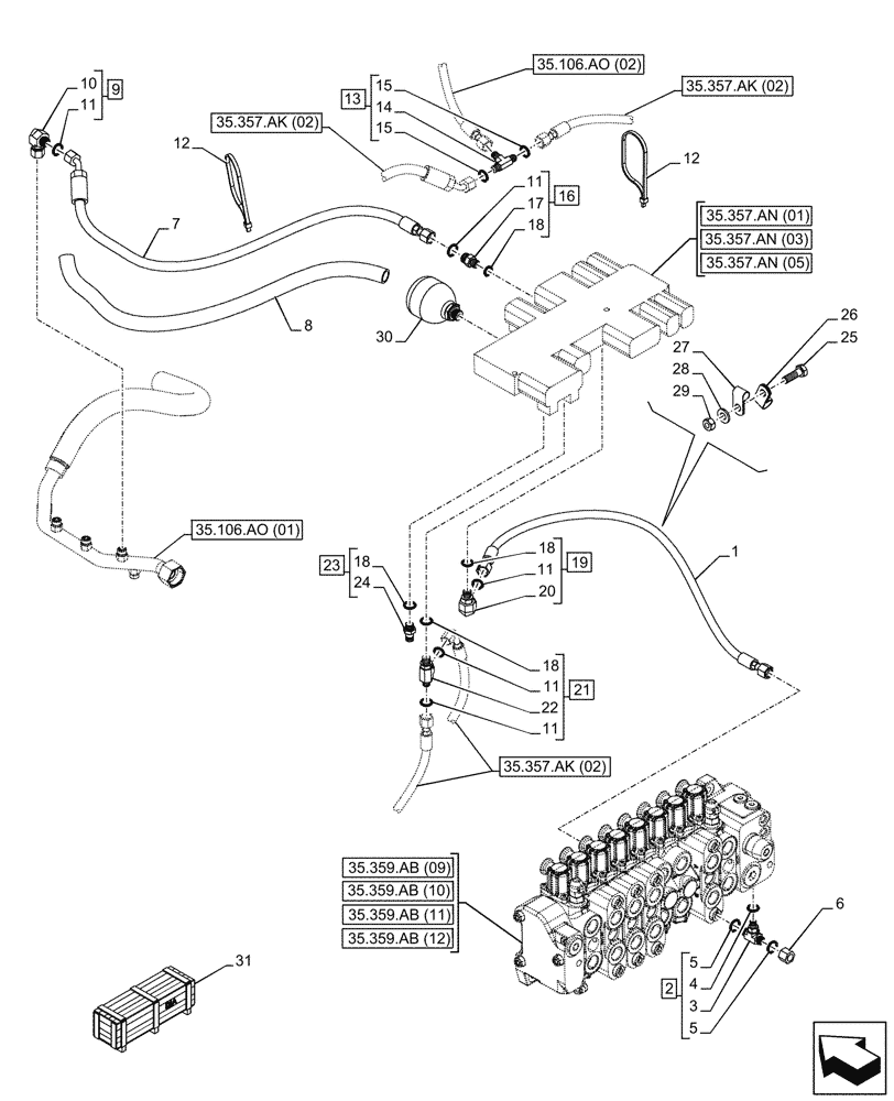 Схема запчастей Case 590SN - (35.357.AO[01]) - VAR - 423078 - BACKHOE ARM, PILOT CONTROLS, LINE (35) - HYDRAULIC SYSTEMS