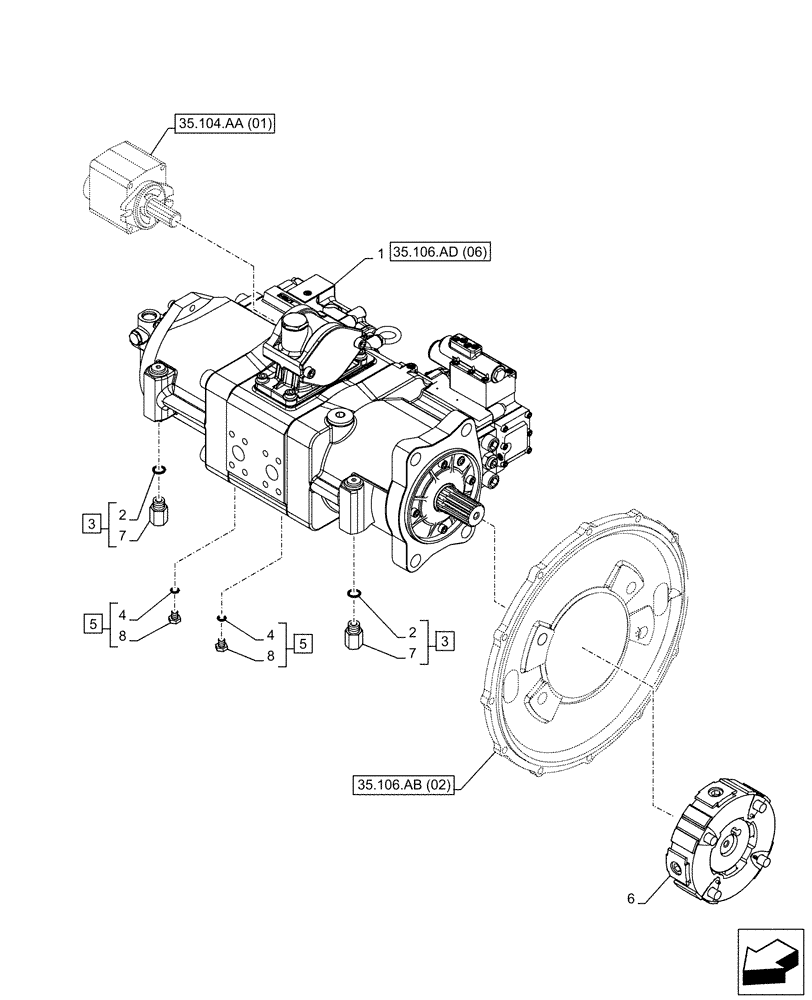 Схема запчастей Case CX210D LC LR - (35.106.AD[05]) - VAR - 461863, 461864 - VARIABLE DELIVERY HYDRAULIC PUMP, CLAMSHELL BUCKET, ROTATION, W/ ELECTRICAL PROPORTIONAL CONTROL (35) - HYDRAULIC SYSTEMS