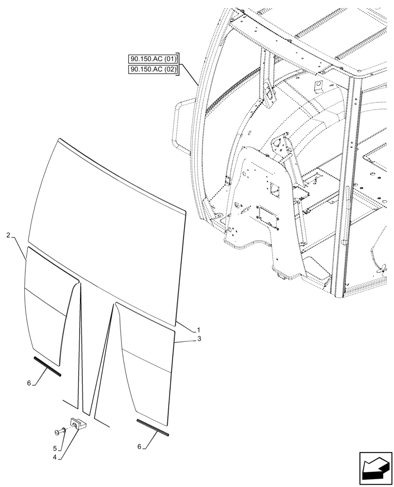 Схема запчастей Case 590SN - (90.156.AL) - VAR - 747853, 747854, 747855 - CAB, WIDE, WINDSHIELD (90) - PLATFORM, CAB, BODYWORK AND DECALS