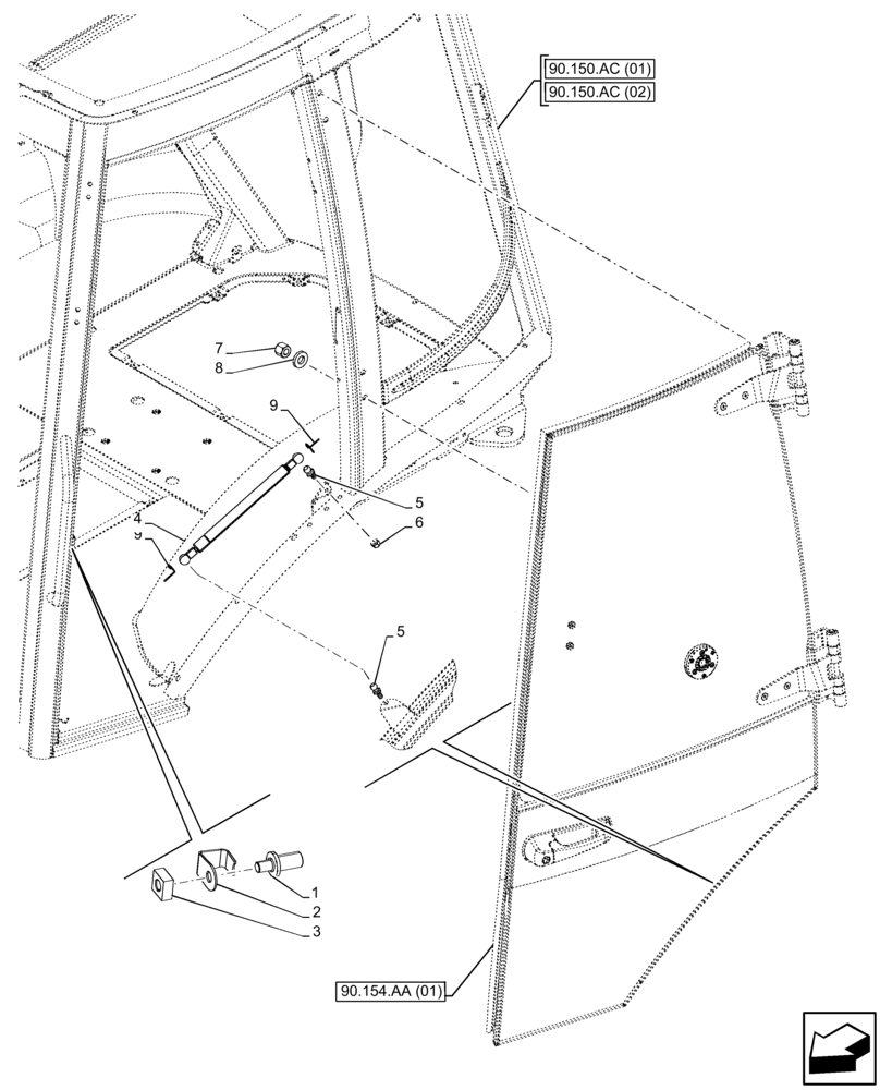 Схема запчастей Case 590SN - (90.154.AQ[01]) - VAR - 747853, 747854, 747855 - CAB, WIDE, LEFT DOOR, RETAINER, STOP (90) - PLATFORM, CAB, BODYWORK AND DECALS