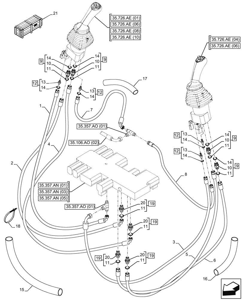 Схема запчастей Case 580SN WT - (35.357.AK[02]) - VAR - 423078, 747669 - PILOT CONTROLS, JOYSTICK, LINE (35) - HYDRAULIC SYSTEMS