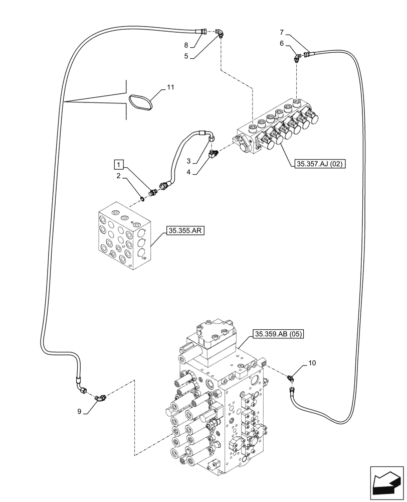 Схема запчастей Case CX210D NLC - (35.357.AO[02]) - VAR - 461558 - MAIN, SOLENOID VALVE, PRESSURE PIPE, CONTROL PATTERN SELECTION (35) - HYDRAULIC SYSTEMS