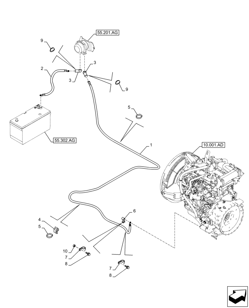 Схема запчастей Case CX210D LC LR - (55.302.AV) - BATTERY CABLES (55) - ELECTRICAL SYSTEMS