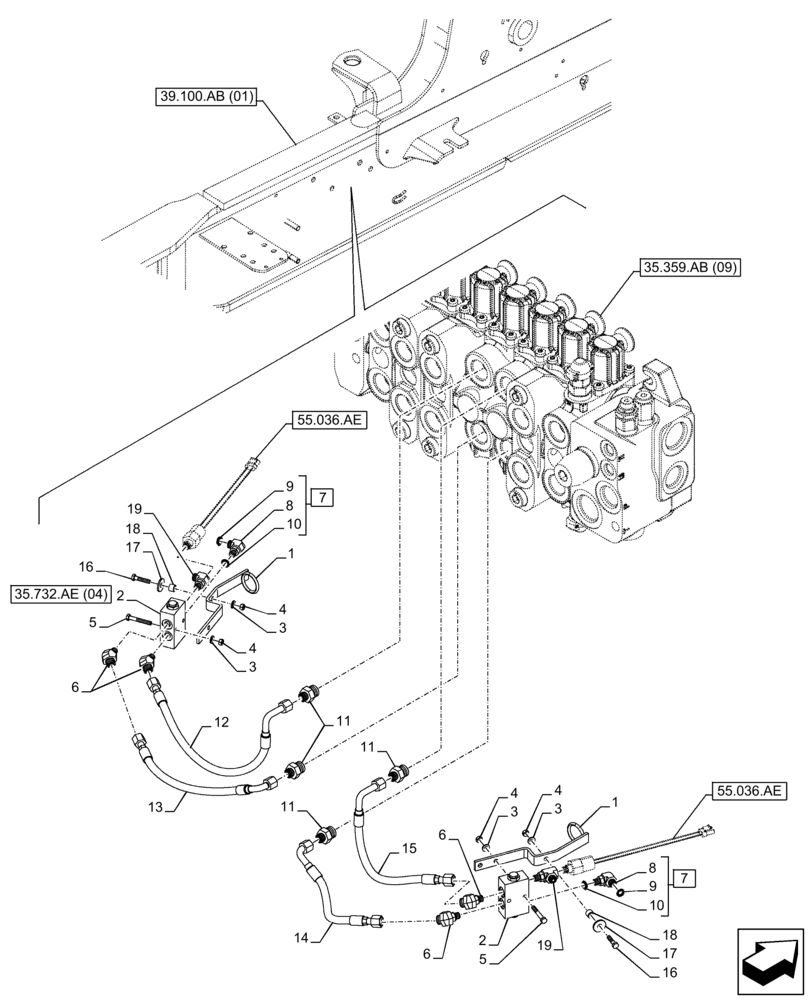 Схема запчастей Case 580N EP - (35.732.AE[01]) - STABILIZER, CONTROLS, PILOT CONTROLS, LINES (35) - HYDRAULIC SYSTEMS