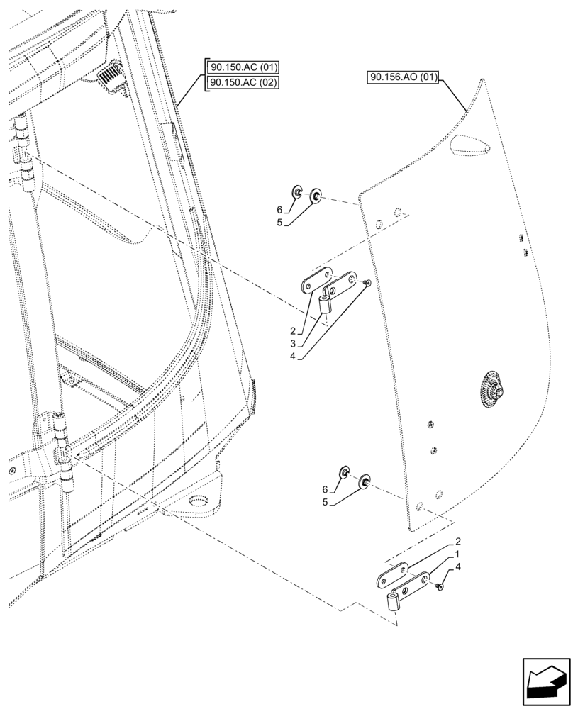 Схема запчастей Case 580SN - (90.156.AP[01]) - VAR - 747853, 747854, 747855 - CAB, NARROW, LEFT LATERAL WINDOW, HINGE (90) - PLATFORM, CAB, BODYWORK AND DECALS