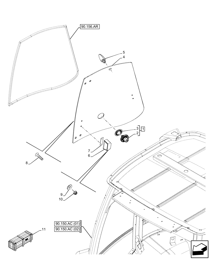 Схема запчастей Case 590SN - (90.156.AO[02]) - VAR - 747853, 747854, 747855 - CAB, WIDE, RIGHT LATERAL WINDOW, GLASS (90) - PLATFORM, CAB, BODYWORK AND DECALS