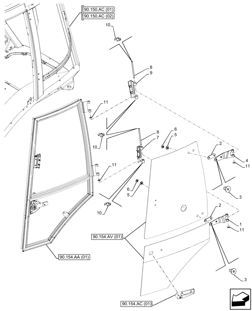 Схема запчастей Case 590SN - (90.154.AE[01]) - VAR - 747853, 747854, 747855 - CAB, WIDE, LEFT DOOR, HINGE (90) - PLATFORM, CAB, BODYWORK AND DECALS