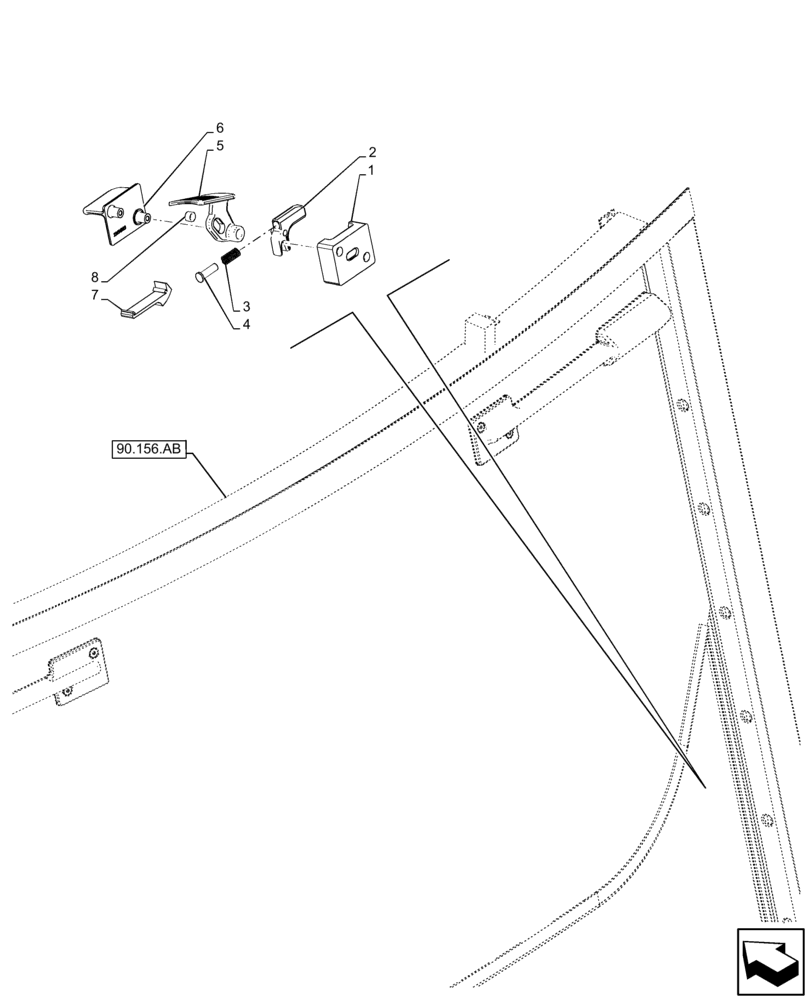 Схема запчастей Case 580SN - (90.156.AA[03]) - VAR - 747853, 747854, 747855 - CAB, NARROW, REAR WINDOW, MIDDLE POSITION RIGHT LATCH (90) - PLATFORM, CAB, BODYWORK AND DECALS