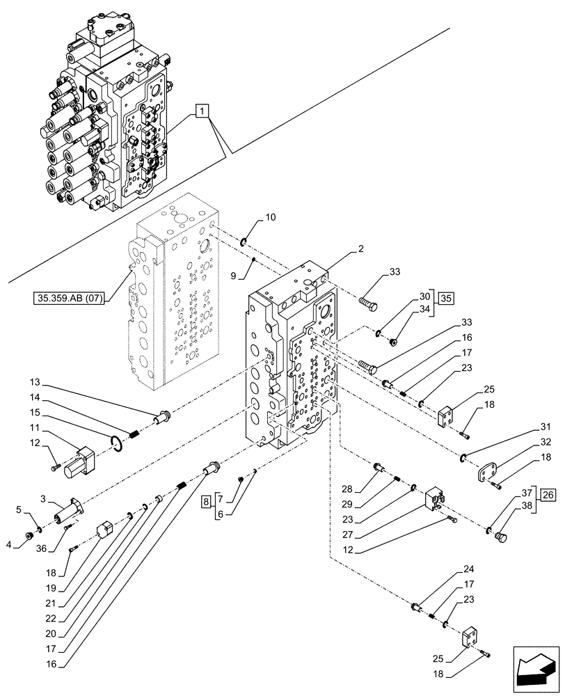 Схема запчастей Case CX300D LC - (35.359.AB[06]) - VAR - 461863 - CONTROL VALVE, COMPONENTS, CLAMSHELL BUCKET, CLAMSHELL BUCKET, ROTATION, W/ ELECTRICAL PROPORTIONAL CONTROL (35) - HYDRAULIC SYSTEMS