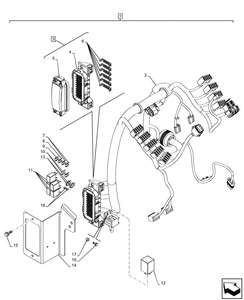 Схема запчастей Case 580SN - (55.100.DO[05]) - VAR - 423060, 423061, 423062 - SEMI-POWERSHIFT, POWERSHIFT TRANSMISSION, FRONT CONSOLE HARNESS, FUSE BOX, RELAY (55) - ELECTRICAL SYSTEMS