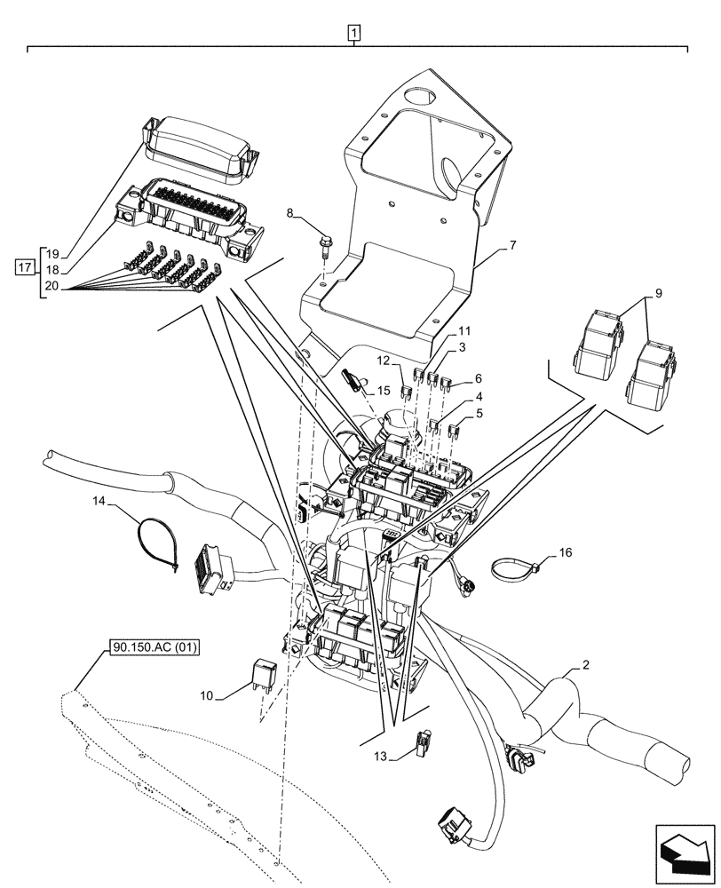 Схема запчастей Case 580SN - (55.100.DO[07]) - VAR - 423058, 423059, 423060, 423061, 423062 - POWERSHUTTLE TRANSMISSION, RIGHT SIDE CONSOLE HARNESS, FUSE BOX, RELAY - C9127 (55) - ELECTRICAL SYSTEMS