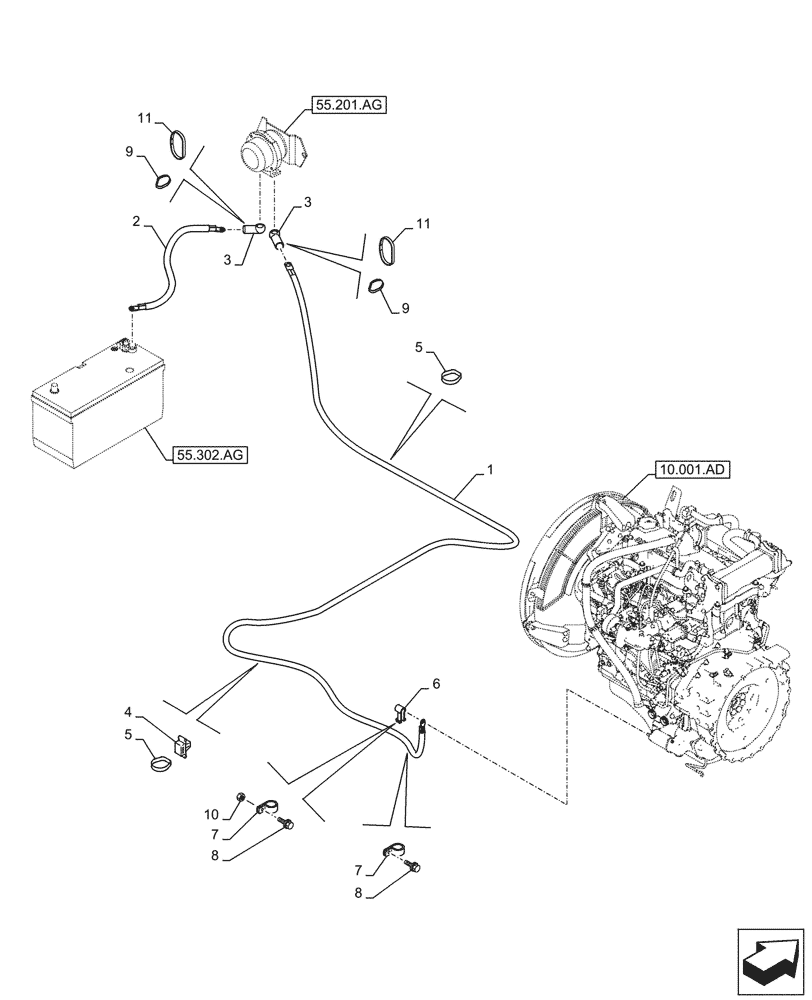 Схема запчастей Case CX250D LC - (55.302.AV) - BATTERY CABLES (55) - ELECTRICAL SYSTEMS