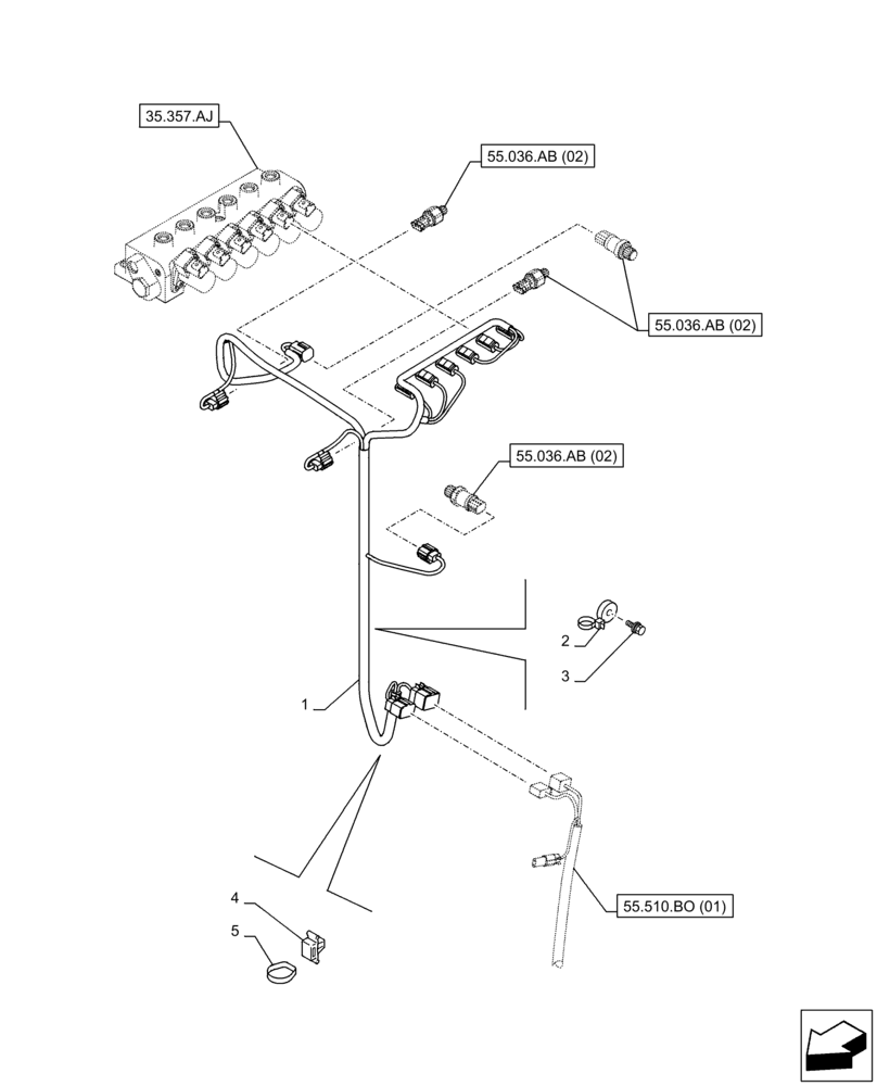 Схема запчастей Case CX250D LC - (55.510.BO[06]) - CONTROL VALVE, WIRE HARNESS (55) - ELECTRICAL SYSTEMS