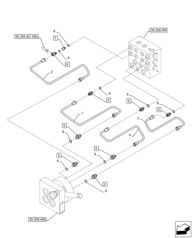 Схема запчастей Case CX210D NLC - (35.355.AC[06]) - VAR - 461558 - JOYSTICK, HYDRAULIC LINE, CONTROL VALVE, CONTROL PATTERN SELECTION (35) - HYDRAULIC SYSTEMS