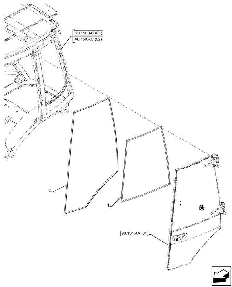 Схема запчастей Case 580SN - (90.154.AH[01]) - VAR - 747853, 747854, 747855 - CAB, NARROW, LEFT DOOR, WEATHERSTRIP (90) - PLATFORM, CAB, BODYWORK AND DECALS