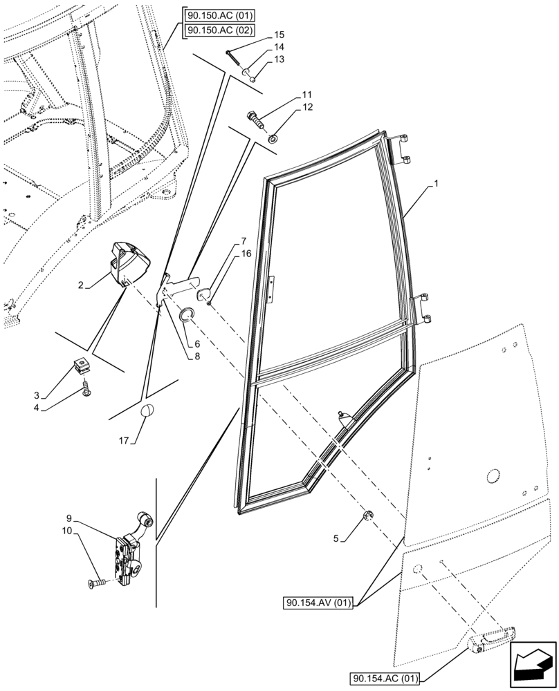 Схема запчастей Case 580N EP - (90.154.AA[01]) - VAR - 747853, 747854, 747855 - CAB, NARROW, LEFT DOOR, FRAME (90) - PLATFORM, CAB, BODYWORK AND DECALS