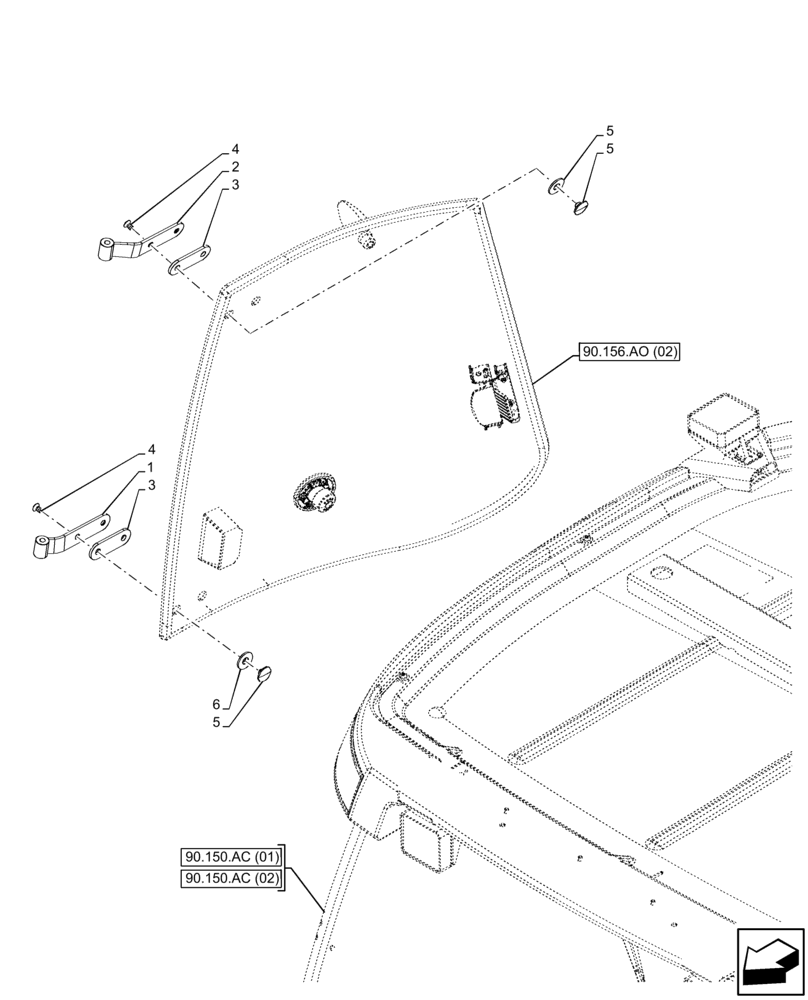 Схема запчастей Case 580SN - (90.156.AP[02]) - VAR - 747853, 747854, 747855 - CAB, NARROW, RIGHT LATERAL WINDOW (90) - PLATFORM, CAB, BODYWORK AND DECALS