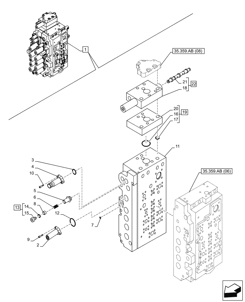 Схема запчастей Case CX300D LC - (35.359.AB[07]) - VAR - 461863 - CONTROL VALVE, COMPONENT, CLAMSHELL BUCKET, ROTATION, W/ ELECTRICAL PROPORTIONAL CONTROL (35) - HYDRAULIC SYSTEMS