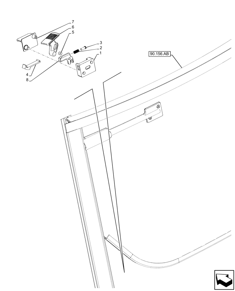 Схема запчастей Case 580SN - (90.156.AA[04]) - VAR - 747853, 747854, 747855 - CAB, NARROW, REAR WINDOW, MIDDLE POSITION LEFT LATCH (90) - PLATFORM, CAB, BODYWORK AND DECALS