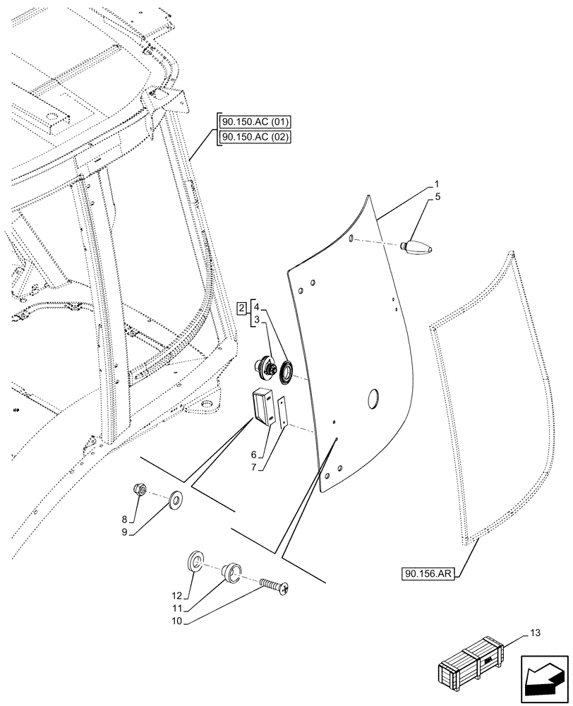 Схема запчастей Case 590SN - (90.156.AO[01]) - VAR - 747853, 747854, 747855 - CAB, WIDE, LEFT LATERAL WINDOW, GLASS (90) - PLATFORM, CAB, BODYWORK AND DECALS