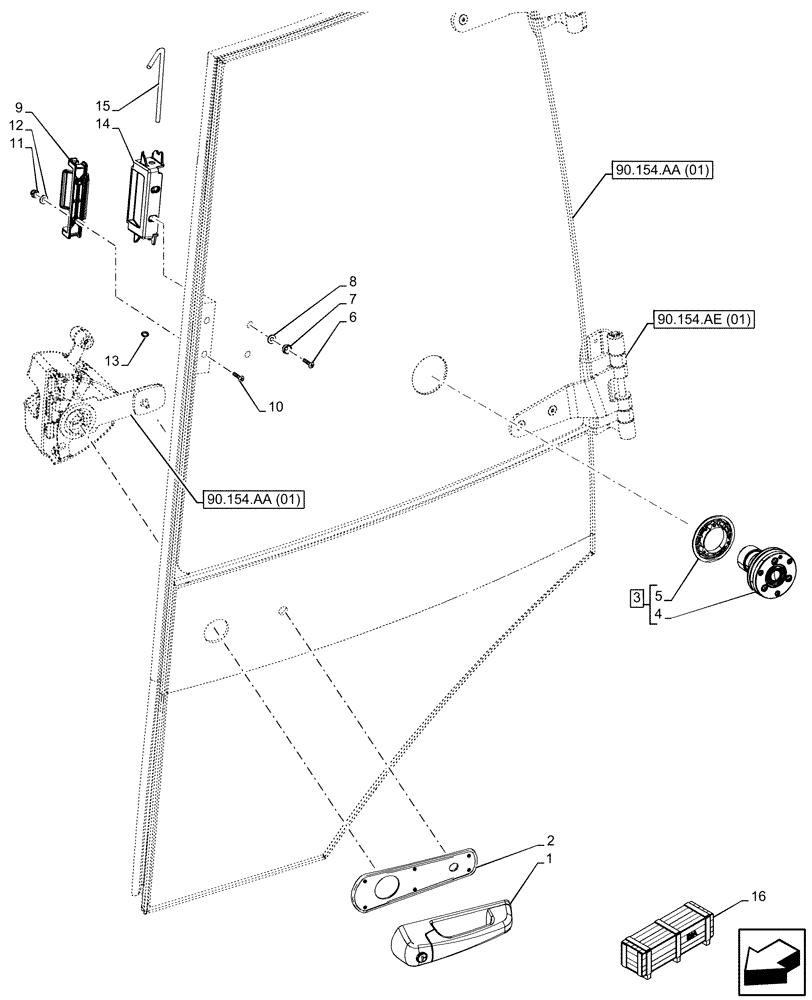 Схема запчастей Case 580N EP - (90.154.AC[01]) - VAR - 747853, 747854, 747855 - CAB, NARROW, LEFT DOOR, HANDLE (90) - PLATFORM, CAB, BODYWORK AND DECALS