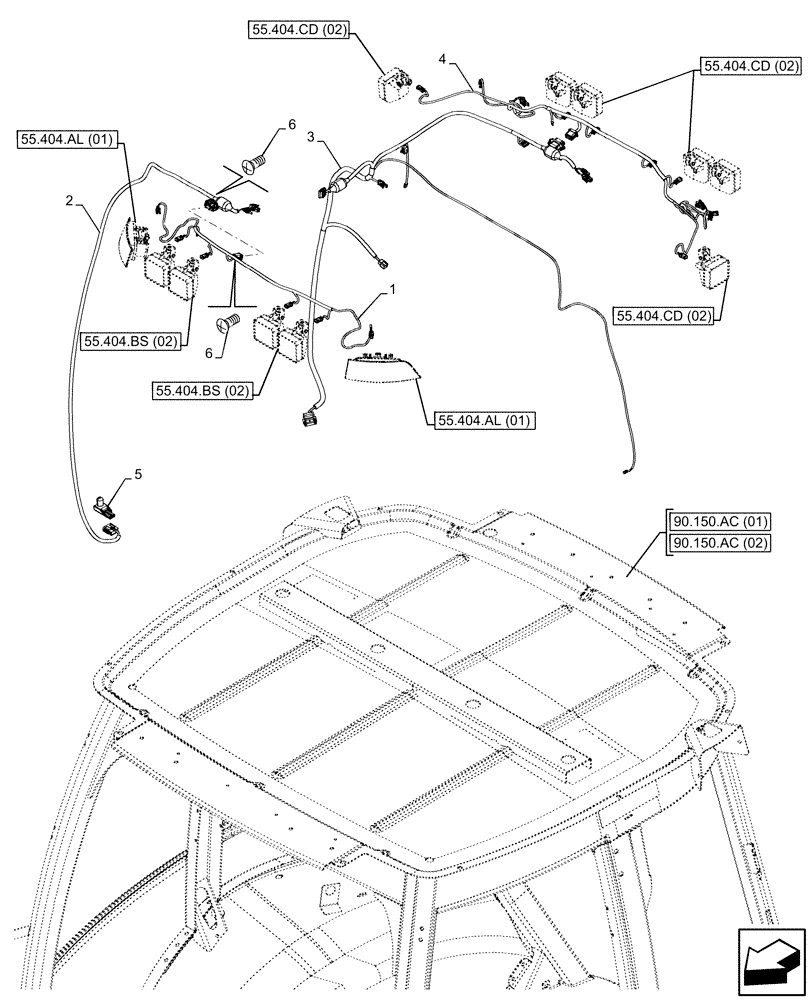 Схема запчастей Case 580SN WT - (55.510.AH[01]) - VAR - 747853, 747854, 747855 - CAB ROOF, WIDE, WIRE HARNESS (55) - ELECTRICAL SYSTEMS