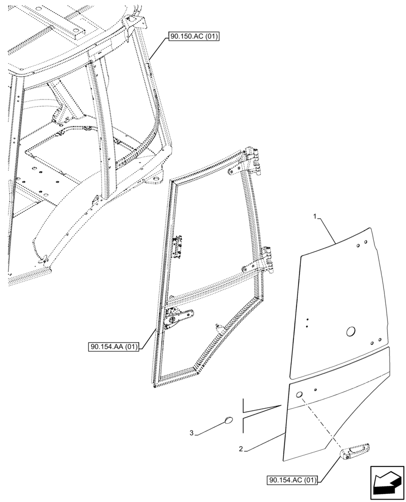 Схема запчастей Case 580SN - (90.154.AV[01]) - VAR - 747854, 747855 - CAB, NARROW, LEFT DOOR, GLASS (90) - PLATFORM, CAB, BODYWORK AND DECALS