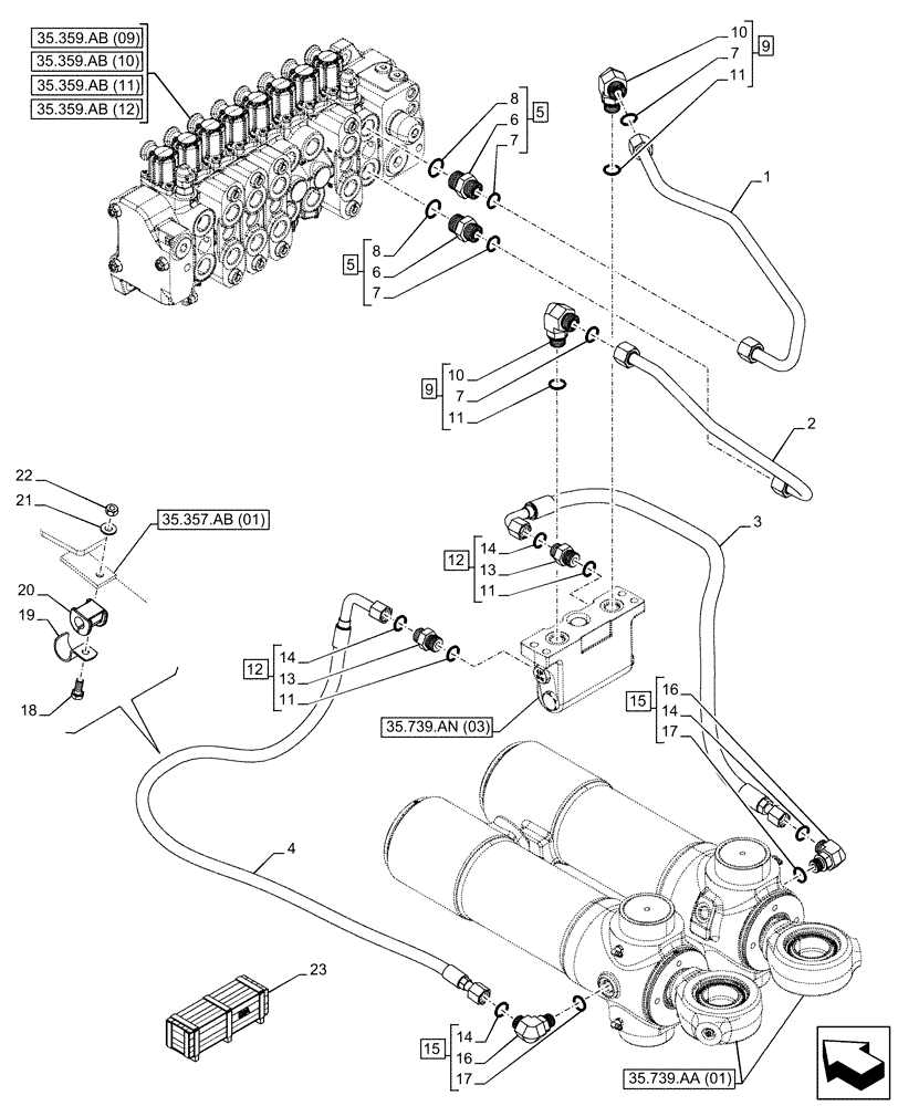 Схема запчастей Case 580SN WT - (35.357.AO[03]) - VAR - 423078 - BACKHOE ARM, PILOT CONTROLS, LINE (35) - HYDRAULIC SYSTEMS