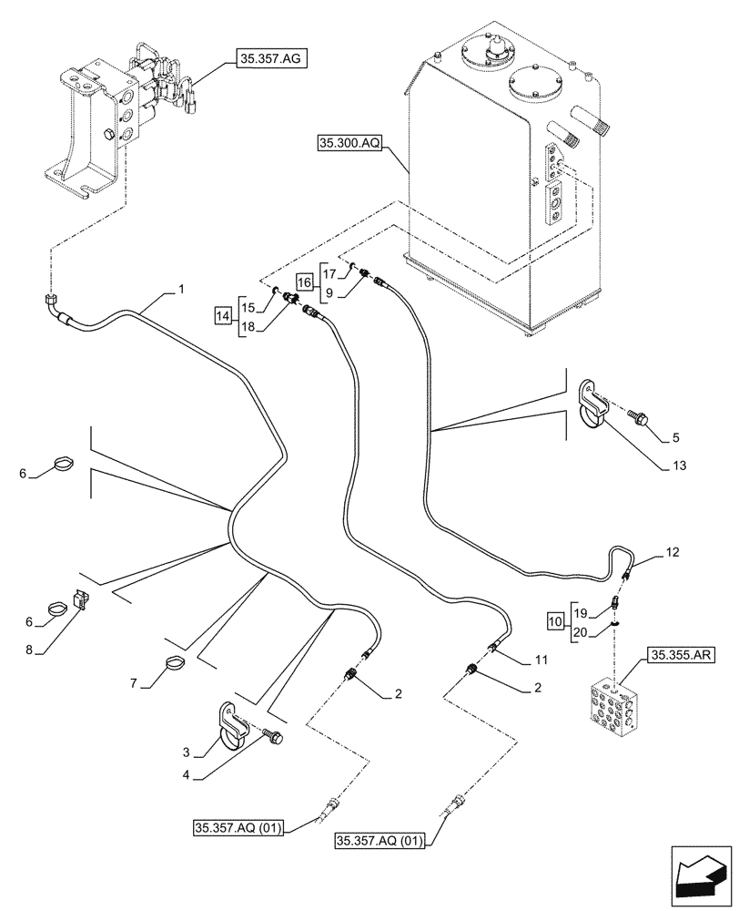 Схема запчастей Case CX210D LC LR - (35.357.AQ[02]) - PILOT VALVE, DRAIN LINE (35) - HYDRAULIC SYSTEMS