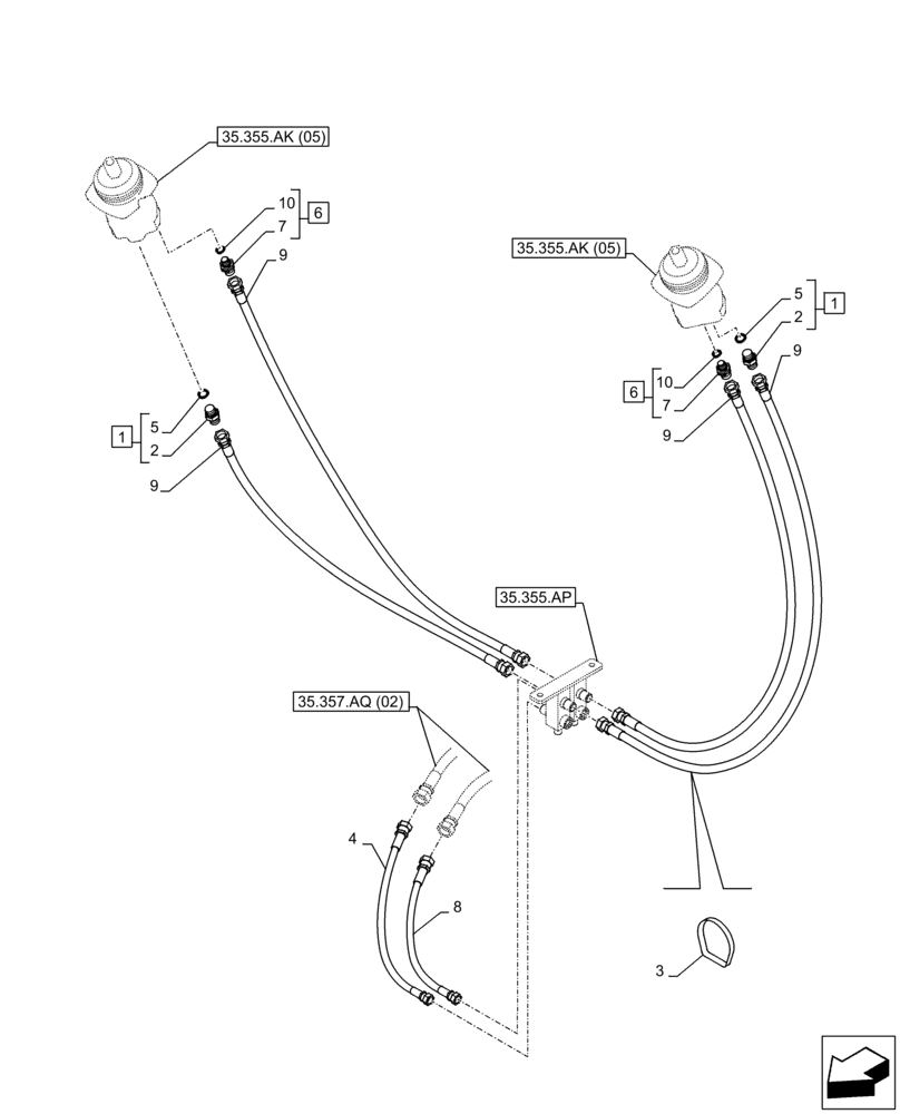 Схема запчастей Case CX210D NLC - (35.355.AO[02]) - VAR - 461558 - JOYSTICK, DRAIN LINE, BLOCK, CONTROL PATTERN SELECTION (35) - HYDRAULIC SYSTEMS