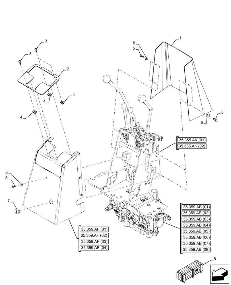 Схема запчастей Case 590SN - (35.355.AK[03]) - VAR - 742369 - BACKHOE ARM, MECHANICAL CONTROL, SLEWING/SWING, COVER (35) - HYDRAULIC SYSTEMS