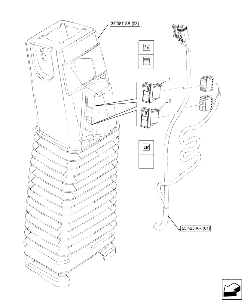 Схема запчастей Case 580SN WT - (55.425.AS[02]) - VAR - 423078, 747669 - BACKHOE ARM, PILOT CONTROLS, SWITCH (55) - ELECTRICAL SYSTEMS