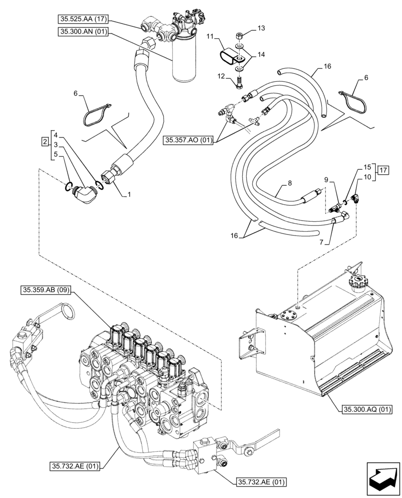 Схема запчастей Case 580N EP - (35.732.AE[02]) - STABILIZER, CONTROLS, PILOT CONTROLS, LINES (35) - HYDRAULIC SYSTEMS