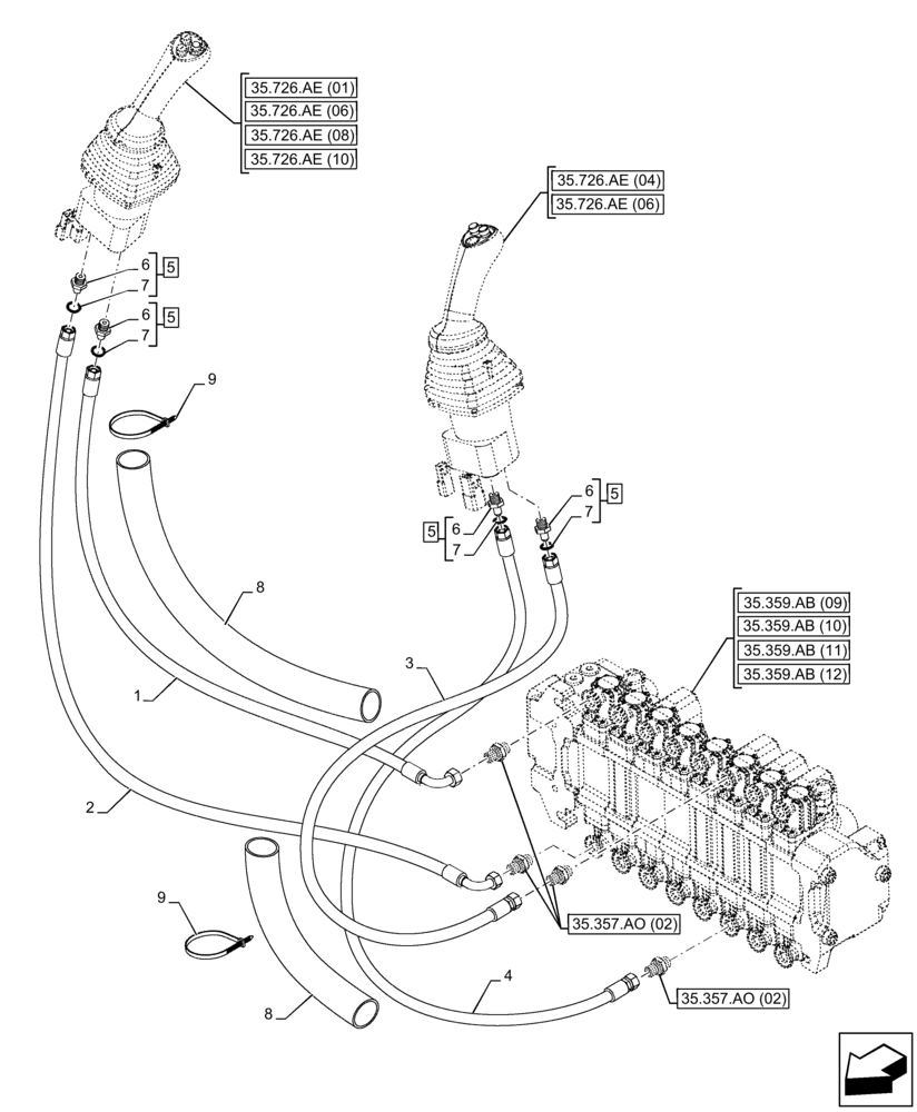 Схема запчастей Case 580N EP - (35.357.AK[01]) - VAR - 423078, 747669 - PILOT CONTROLS, JOYSTICK, LINE (35) - HYDRAULIC SYSTEMS