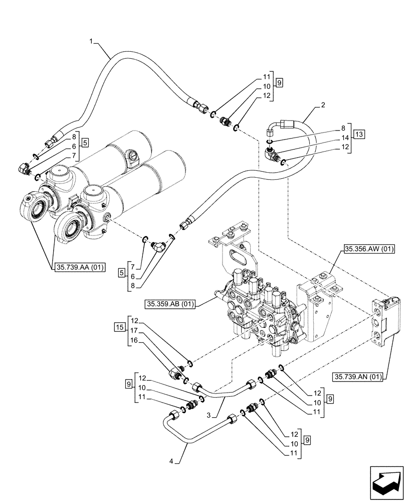 Схема запчастей Case 590SN - (35.739.AE[02]) - VAR - 742369 - BOOM SWING, MECHANICAL, CONTROLS, DAMPING VALVE, LINE (35) - HYDRAULIC SYSTEMS