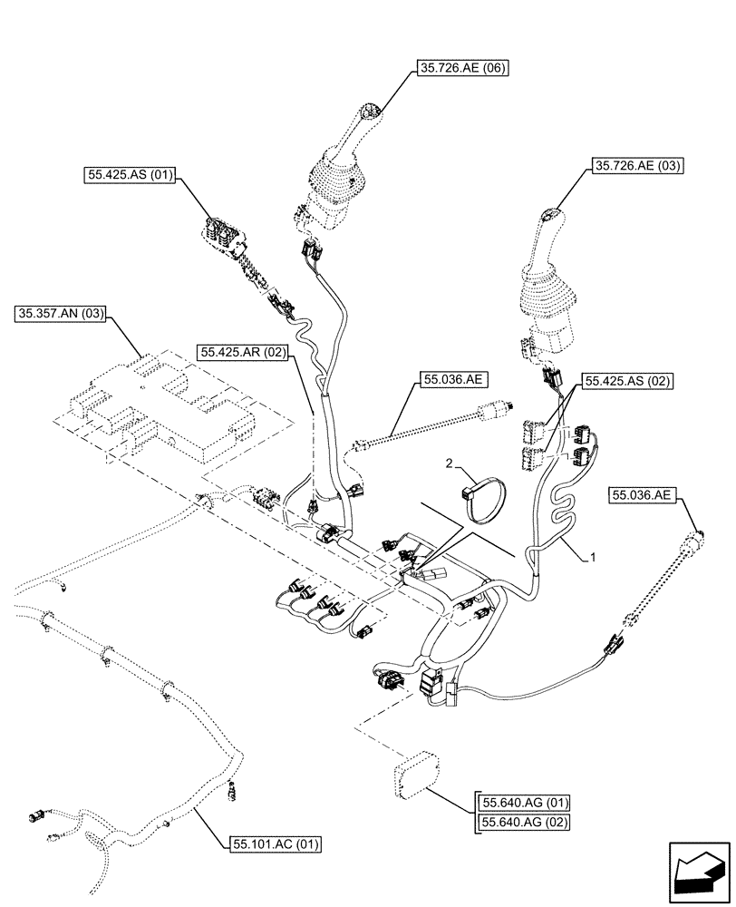 Схема запчастей Case 580SN - (55.425.AR[01]) - VAR - 423078, 747669 - BACKHOE ARM, PILOT CONTROLS, HARNESS (55) - ELECTRICAL SYSTEMS