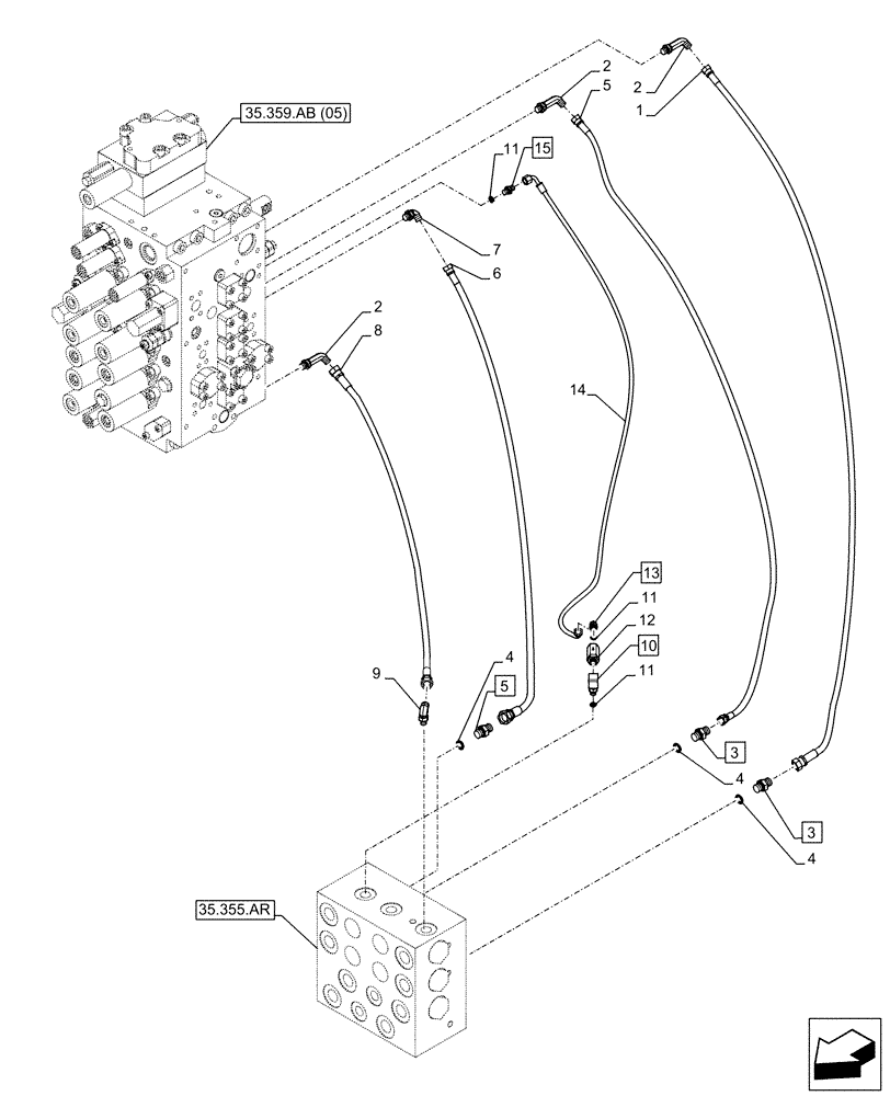 Схема запчастей Case CX210D NLC - (35.355.AC[08]) - VAR - 461558 - JOYSTICK, HYDRAULIC LINE, CONTROL VALVE, CONTROL PATTERN SELECTION (35) - HYDRAULIC SYSTEMS