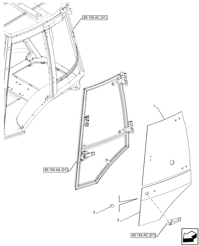 Схема запчастей Case 590SN - (90.154.AV[01]) - VAR - 747853, 747854, 747855 - CAB, WIDE, LEFT DOOR, GLASS (90) - PLATFORM, CAB, BODYWORK AND DECALS