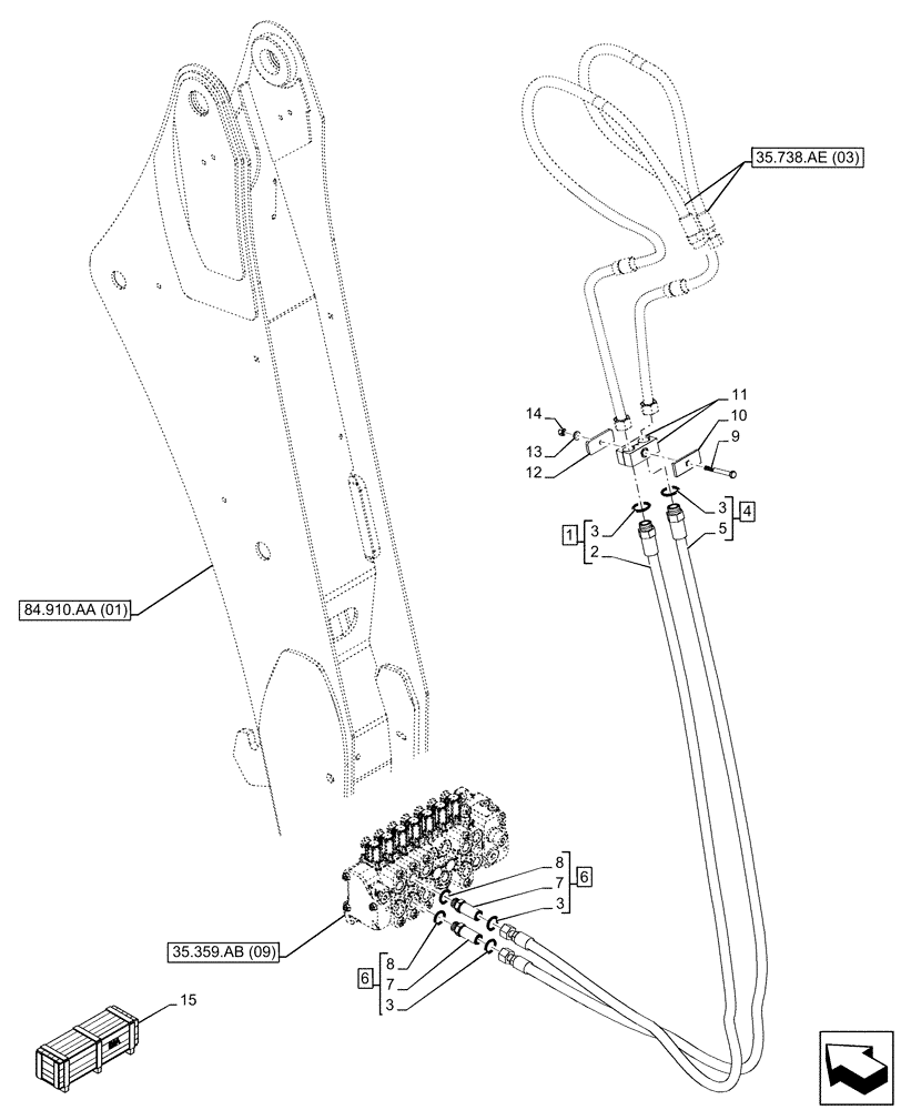 Схема запчастей Case 580N EP - (35.738.AE[02]) - VAR - 423076 - BACKHOE BUCKET, EXTENDABLE DIPPER, CYLINDER, LINES (35) - HYDRAULIC SYSTEMS