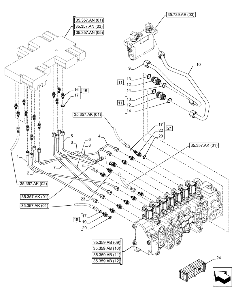 Схема запчастей Case 580N EP - (35.357.AO[02]) - VAR - 747669 - BACKHOE ARM, PILOT CONTROLS, LINES (35) - HYDRAULIC SYSTEMS